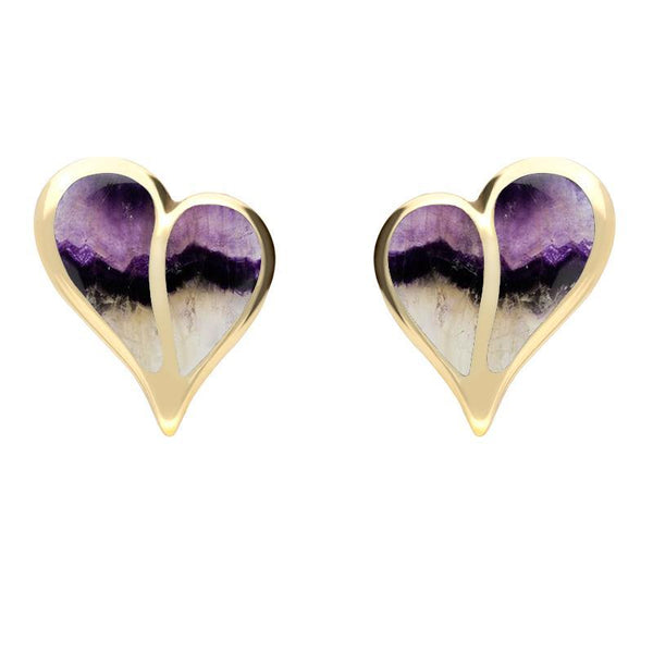 9ct Yellow Gold Blue John Split Heart Stud Earrings, E364.