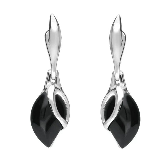 00074065 C W Sellors Sterling Silver Whitby Jet Leaf Shaped Open Top Drop Earrings E1655