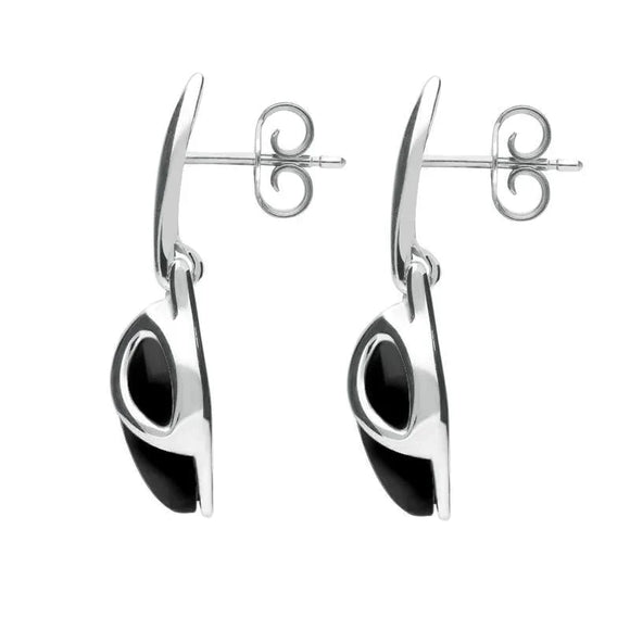 00074065 C W Sellors Sterling Silver Whitby Jet Leaf Shaped Open Top Drop Earrings E1655