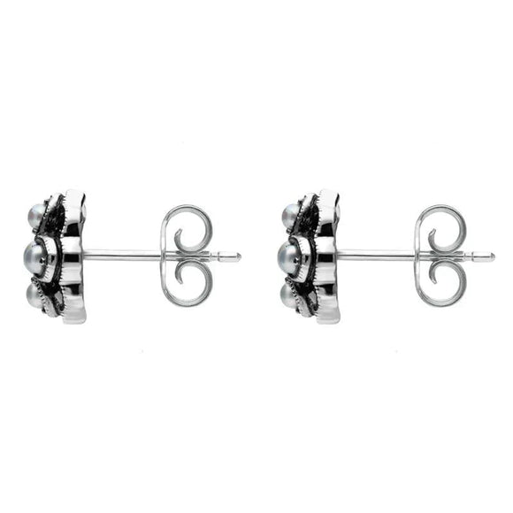 00082725 C W Sellors Sterling Silver Pearl and Marcasite Four Petal Flower Stud Earrings, E1690.