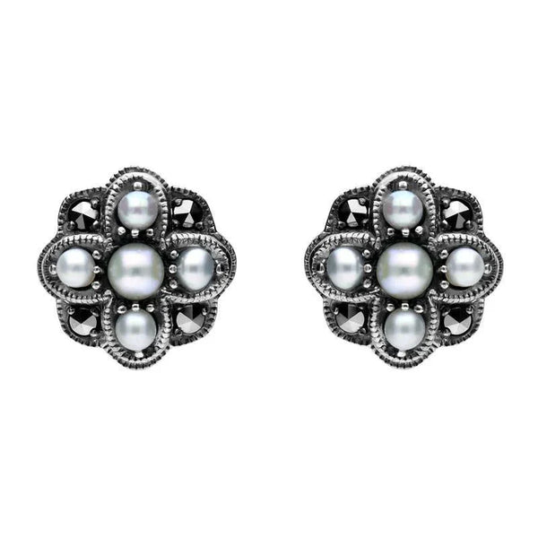 00082725 C W Sellors Sterling Silver Pearl and Marcasite Four Petal Flower Stud Earrings, E1690.