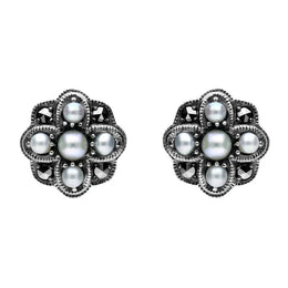 00082725 C W Sellors Sterling Silver Pearl and Marcasite Four Petal Flower Stud Earrings, E1690.