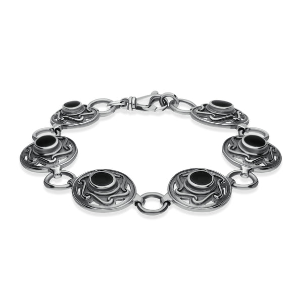 00087529 Sterling Silver Whitby Jet 6 Stone Celtic Curl Bracelet, B198
