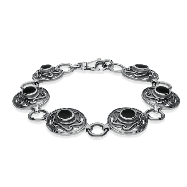 00087529 Sterling Silver Whitby Jet 6 Stone Celtic Curl Bracelet, B198