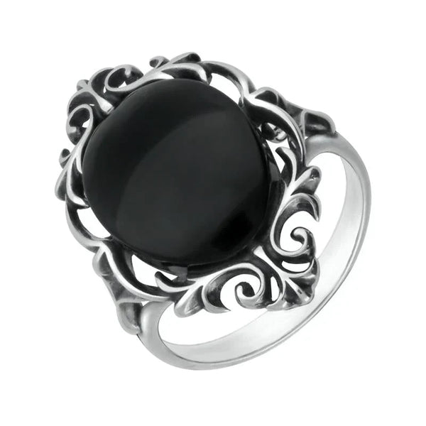 Sterling Silver Whitby Jet  Oval Open Carved Ring R920