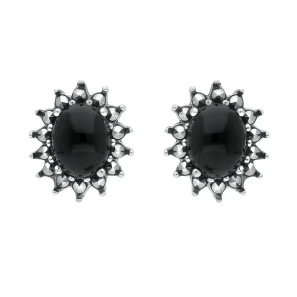 Sterling Silver Whitby Jet Marcasite Oval Beaded Edge Stud Earrings E2149