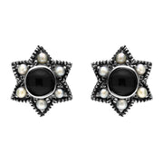 00150645 C W Sellors Sterling Silver Whitby Jet and Pearl Six Point Star Stud Earrings, E1638.