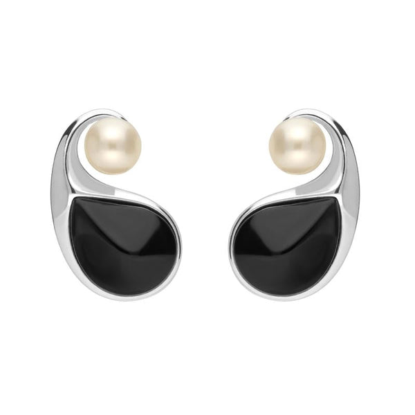 00167687 C W Sellors Sterling Silver Whitby Jet Pearl Open Twist Earrings. E2435