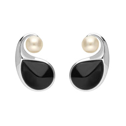 00167687 C W Sellors Sterling Silver Whitby Jet Pearl Open Twist Earrings. E2435
