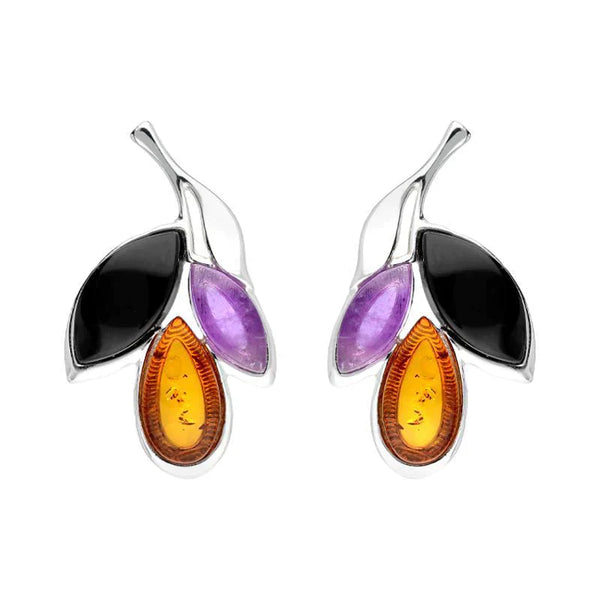Sterling Silver Whitby Jet Amethyst Amber Three Leaf Stud Earrings E2494
