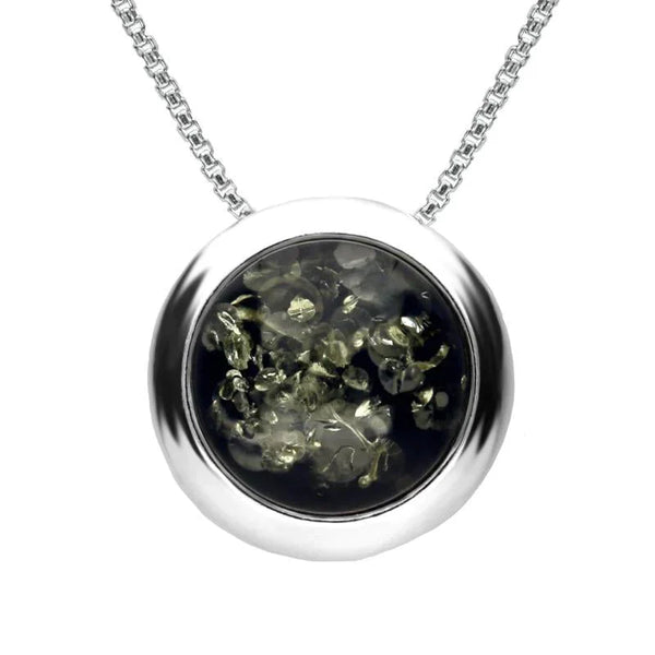 Sterling Silver Green Amber Round Ribbed Edge Necklace P3486