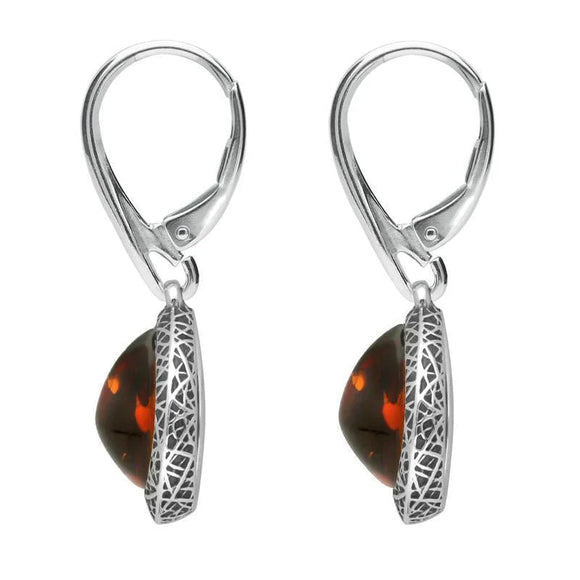 Sterling Silver Cognac Amber Basket Weave Edge Pear Hook Earrings E2501_C