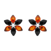 Sterling Silver Whitby Jet Amber Flower Stud Earrings E2506