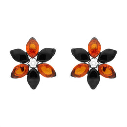 Sterling Silver Whitby Jet Amber Flower Stud Earrings E2506