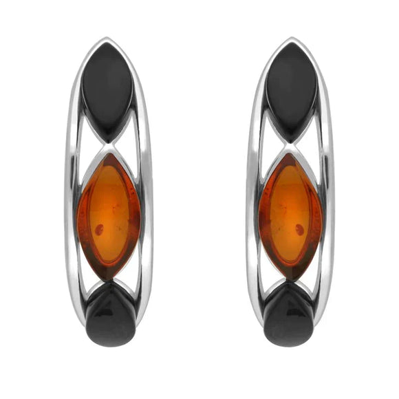 Sterling Silver Whitby Jet Amber Marquise Curved Hoop Earrings E2511