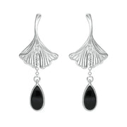 Sterling Silver Whitby Jet Teardrop Ginkgo Biloba Leaf Drop Earrings, E2514.