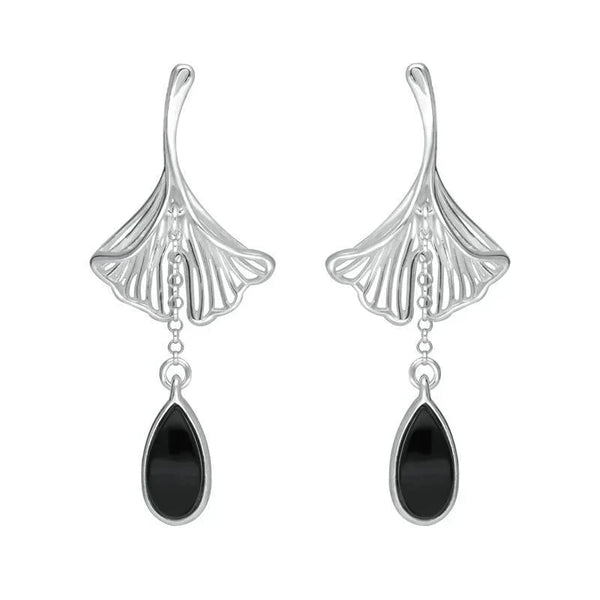 Sterling Silver Whitby Jet Teardrop Ginkgo Biloba Leaf Drop Earrings, E2514.