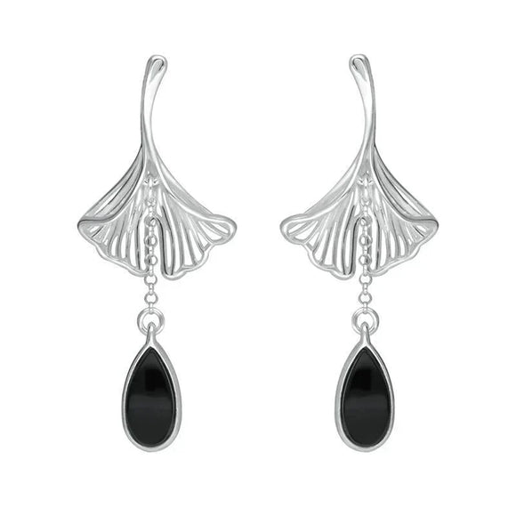 Sterling Silver Whitby Jet Teardrop Ginkgo Biloba Leaf Drop Earrings, E2514.