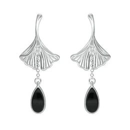 Sterling Silver Whitby Jet Teardrop Ginkgo Biloba Leaf Drop Earrings, E2514.