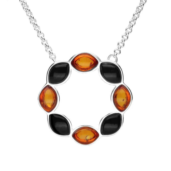 Sterling Silver Whitby Jet Amber Eight Stone Marquise Circle Necklace N1054