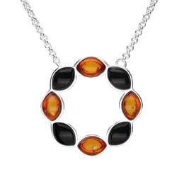 Sterling Silver Whitby Jet Amber Eight Stone Marquise Circle Necklace N1054