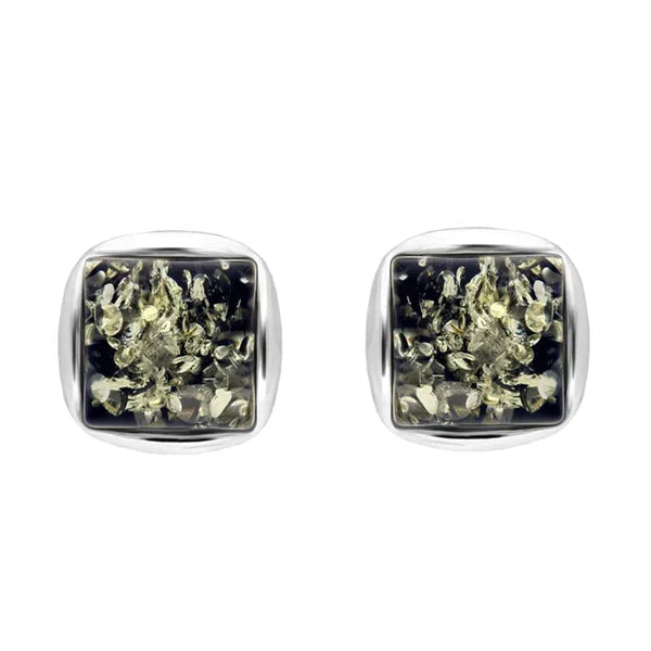 00177612 C W Sellors Sterling Silver Green Amber Square Stud Earrings, E2500
