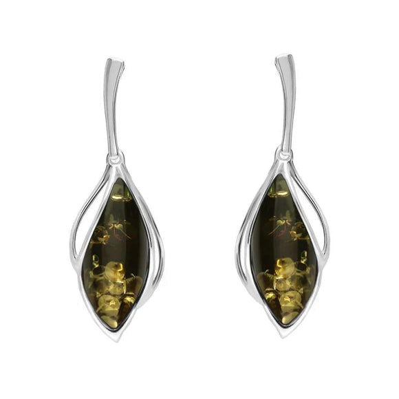 Sterling Silver Green Amber Open Marquise Drop Earrings E2437_G
