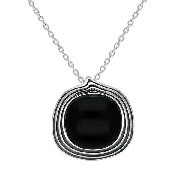 00178888 Sterling Silver Whitby Jet Cushion Stone Patern Edge Necklace P3517.