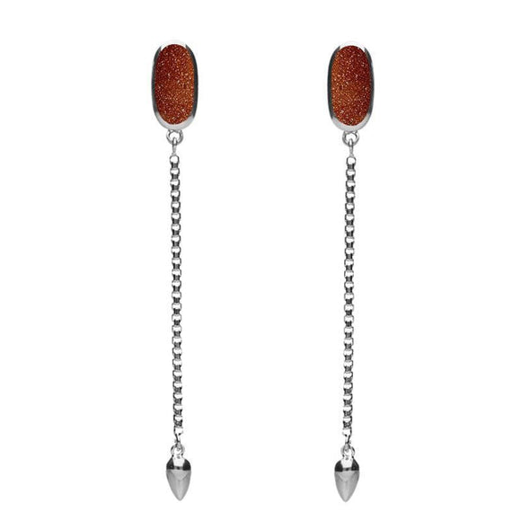 Sterling Silver Brown Goldstone Lineaire Long Drop Stud Earrings. E2240.