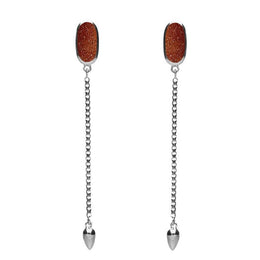 Sterling Silver Brown Goldstone Lineaire Long Drop Stud Earrings. E2240.
