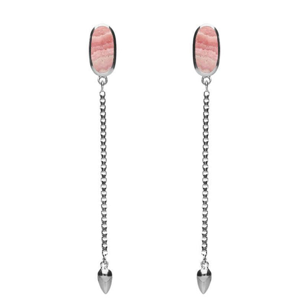 Sterling Silver Rhodochrosite Lineaire Long Drop Stud Earrings. E2240.