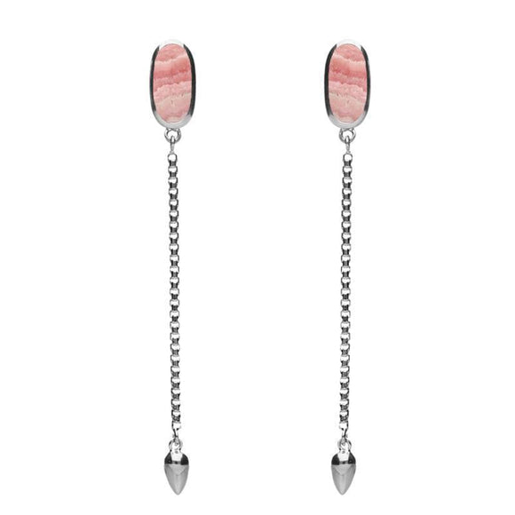Sterling Silver Rhodochrosite Lineaire Long Drop Stud Earrings. E2240.