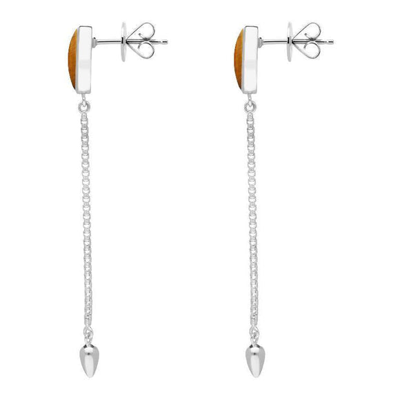 Sterling Silver Tigers Eye Lineaire Long Drop Stud Earrings. E2240.
