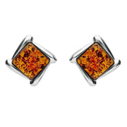 Sterling Silver Amber Square Wave Stud Earrings, E2175.