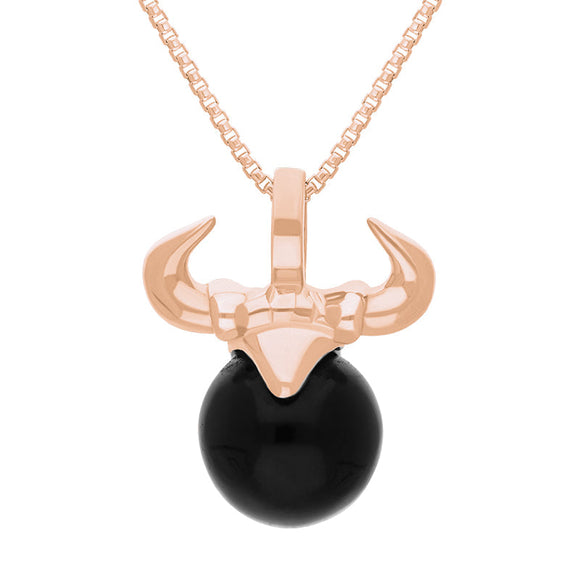 18ct Rose Gold Whitby Jet Zodiac Taurus 10mm Bead Pendant, P3621.