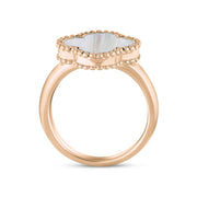 18ct Rose Gold White Mother of Pearl Bloom Four Leaf Clover Ball Edge Ring