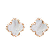 18ct Rose Gold WHITE MOP Bloom Four Leaf Clover Ball Edge Stud Earrings, E2600