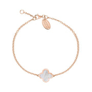 18ct Rose Gold White Mother of Pearl Bloom Four Leaf Clover Polished Edge Bracelet