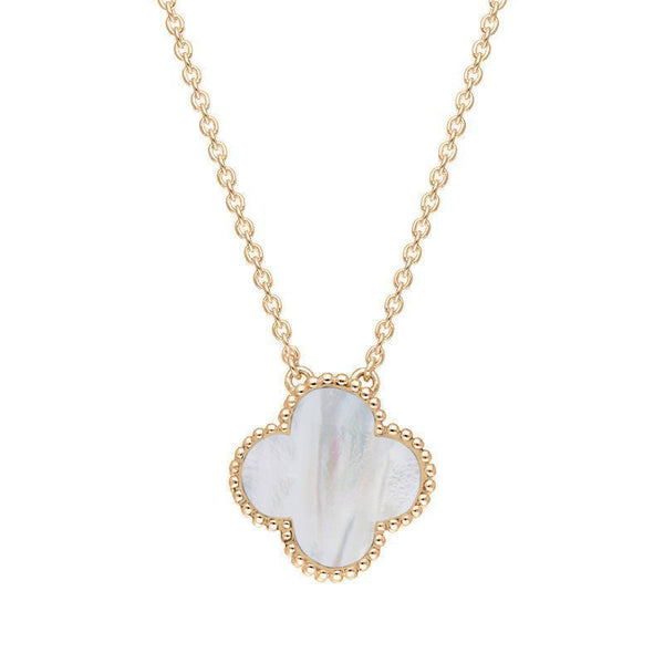 18ct Rose Gold WHITE MOP Bloom Large Four Leaf Clover Ball Edge Chain Necklet, N1043