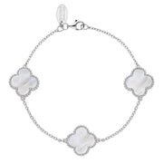 18ct White Gold WHITE MOP Bloom Four Leaf Clover Ball Edge Chain Bracelet