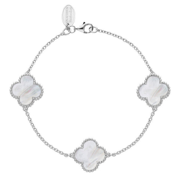 18ct White Gold WHITE MOP Bloom Four Leaf Clover Ball Edge Chain Bracelet