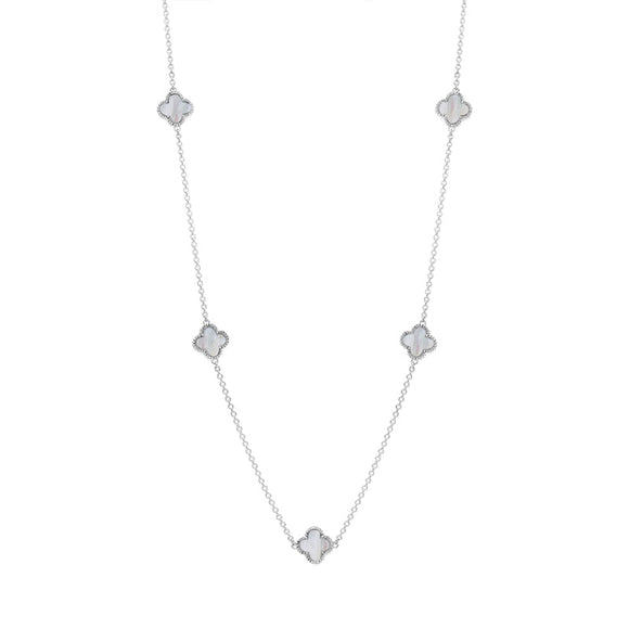 18ct White Gold WHITE MOP Bloom Four Leaf Clover Ball Edge Necklace, N1154