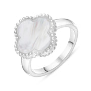 18ct White Gold WHITE MOP Bloom Four Leaf Clover Ball Edge Ring, R1264