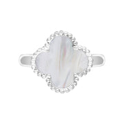 18ct White Gold White Mother of Pearl Bloom Four Leaf Clover Ball Edge Ring