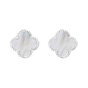 18ct White Gold WHITE MOP Bloom Four Leaf Clover Ball Edge Stud Earrings, E2600