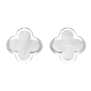 18ct White Gold WHITE MOP Bloom Four Leaf Clover Stud Earrings, E2465