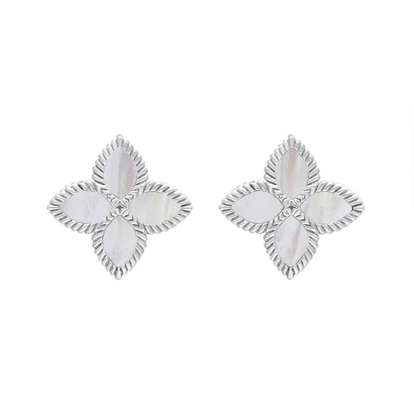 18ct White Gold WHITE MOP Bloom Marquise Flower Stud Earrings