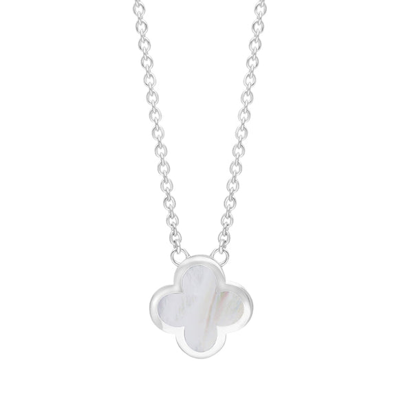18ct White Gold White Mother of Pearl Bloom Small Four Leaf Clover Polished Edge Pendant
