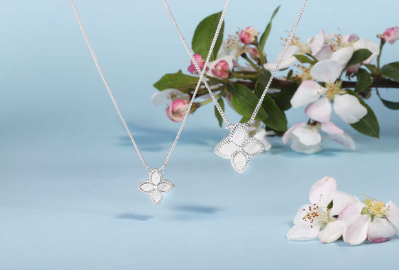 18ct White Gold White Mother of Pearl Eden Small Marquise Flower Necklace