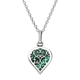 18ct White Gold Malachite Flore Filigree Small Heart Necklace. P3629.